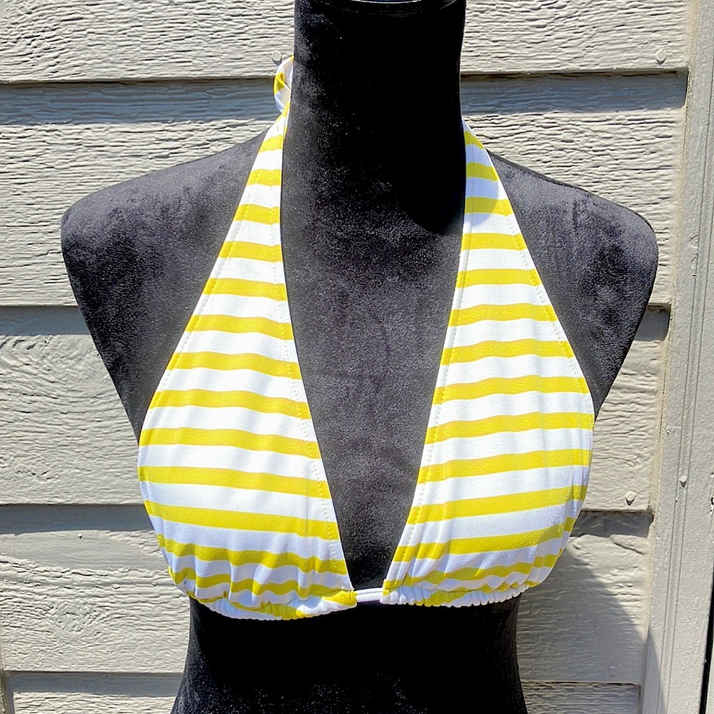 Mossimo yellow and white stripe halter style bikini top size large